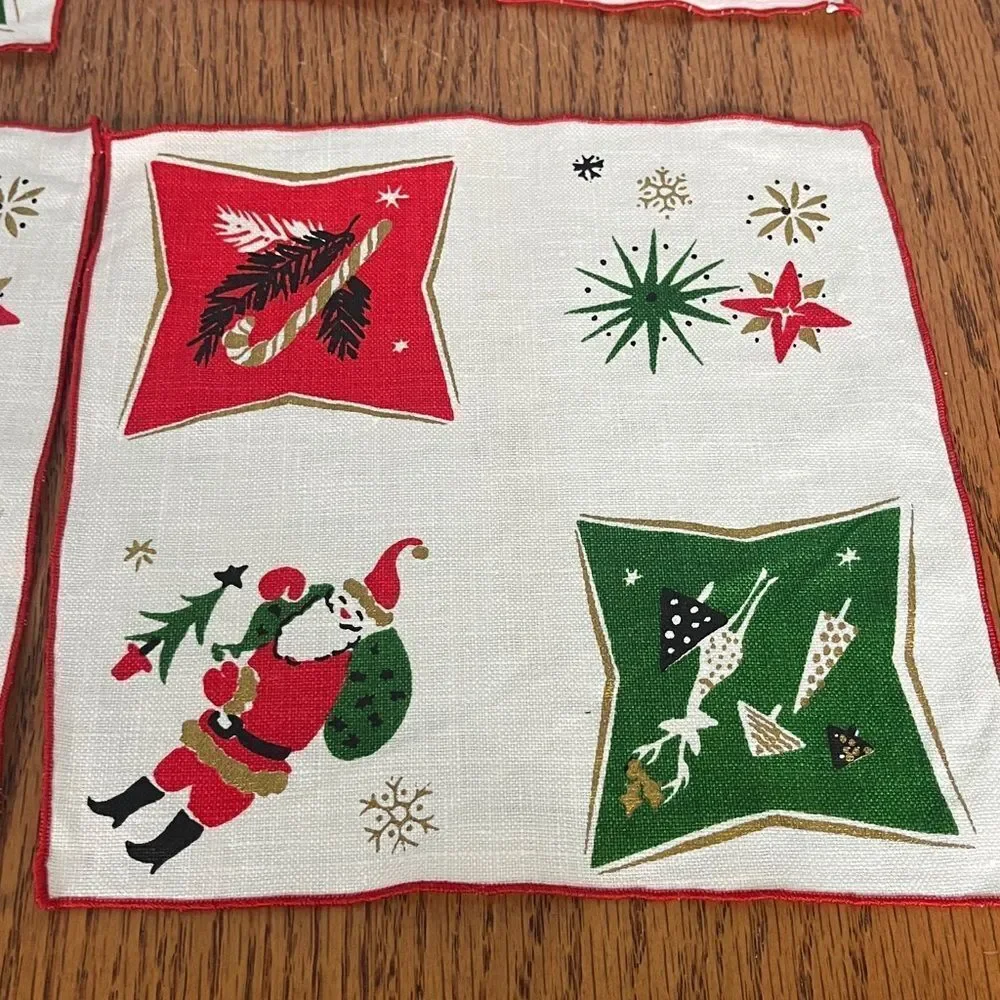 Antique Festive MCM Holiday Napkins set of 4 Red, Green, Gold in retro designs